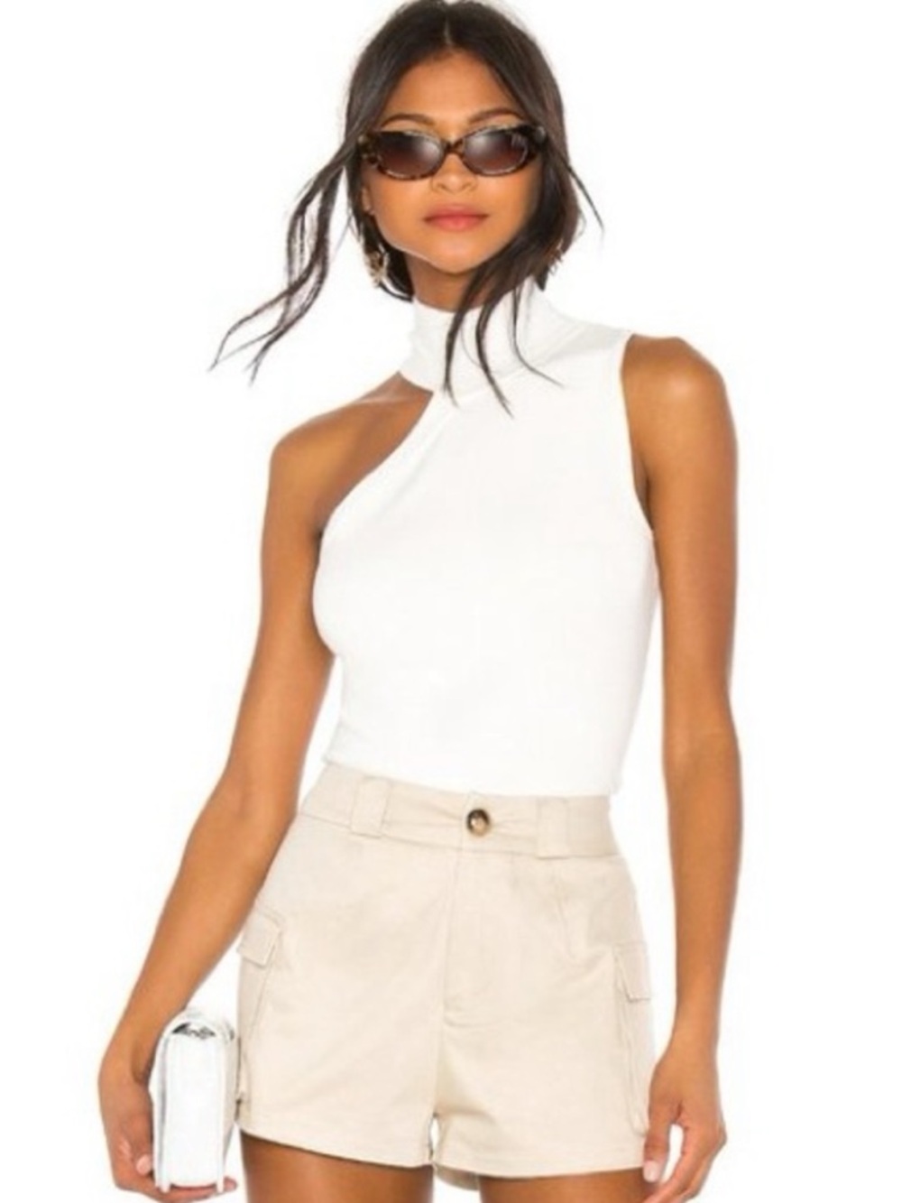 superdown Asymmetric Mock Neck Tank Top - White